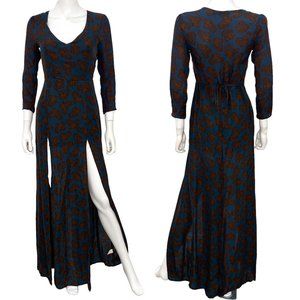 For Love & Lemons Navy and Brown Maxi Dress with Side Slit